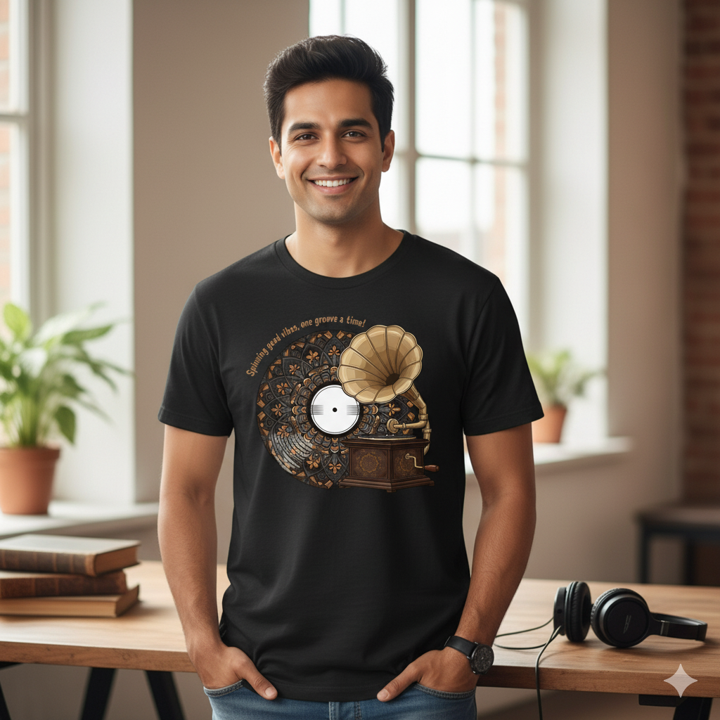 Spinning Good Vibes Gramophone T-Shirt – Retro Music Graphic Tee