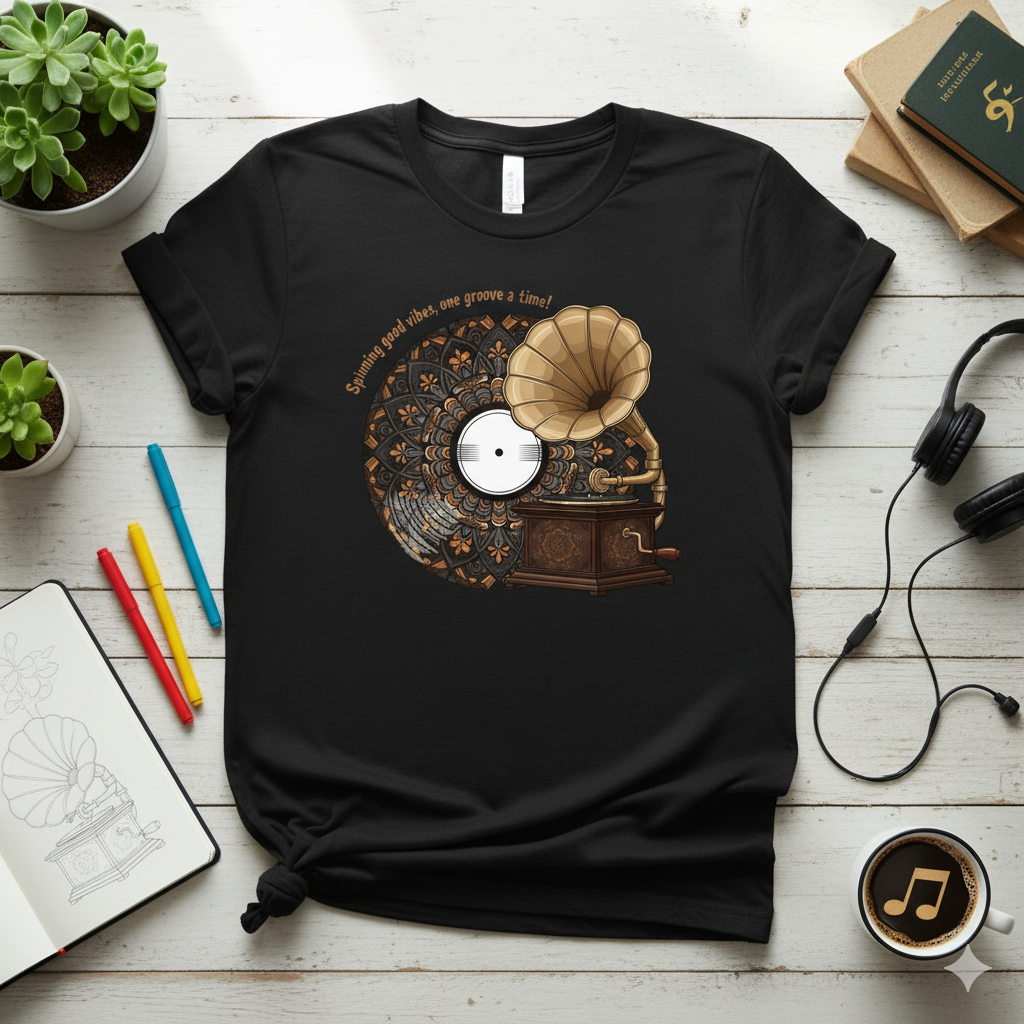 Spinning Good Vibes Gramophone T-Shirt – Retro Music Graphic Tee