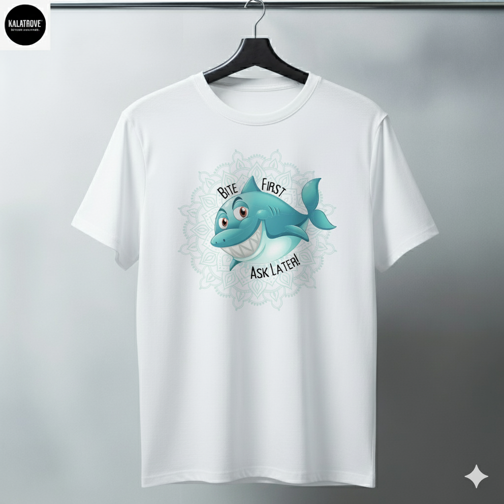 Bite First Ask Later Shark T-Shirt – Funny Cartoon Graphic Tee