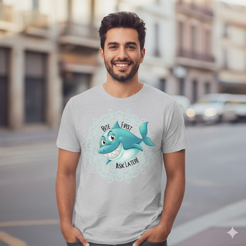Bite First Ask Later Shark T-Shirt – Funny Cartoon Graphic Tee