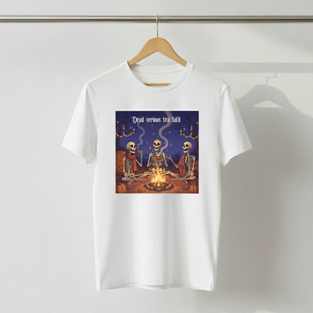 Dead Serious Tea Talk T-Shirt – Quirky Skeleton Campfire Graphic Tee