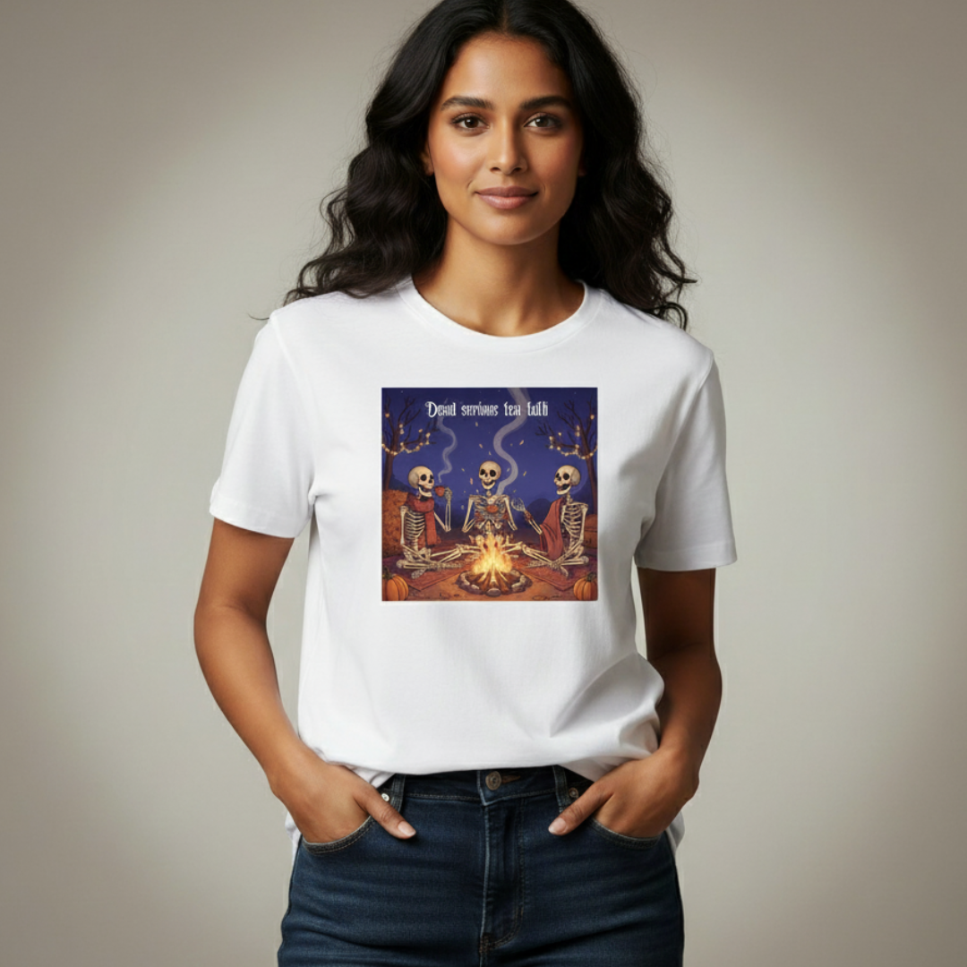 Dead Serious Tea Talk T-Shirt – Quirky Skeleton Campfire Graphic Tee