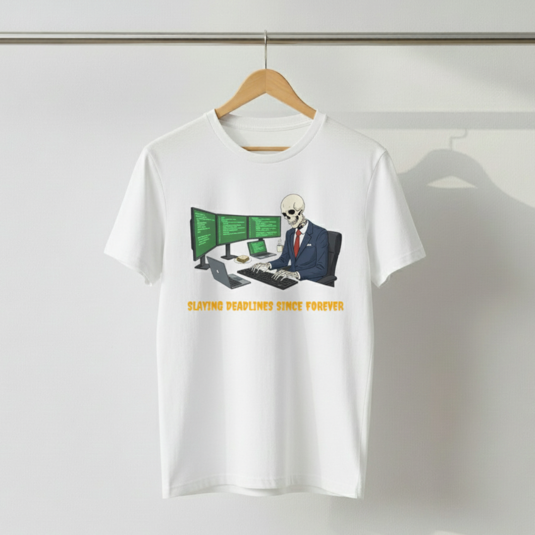 Slaying Deadlines Since Forever T-Shirt – Funny Corporate Skeleton Tee