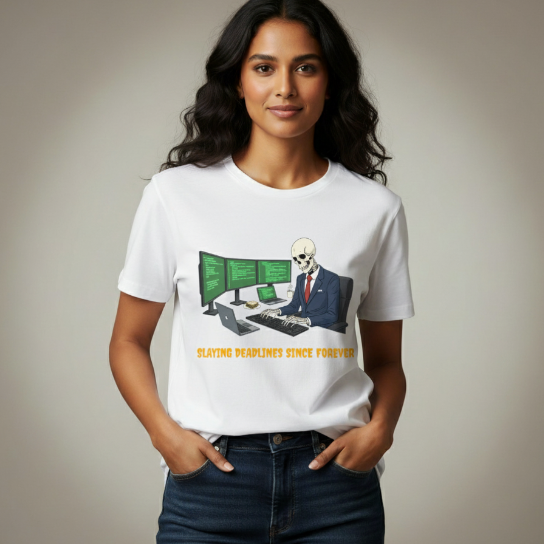Slaying Deadlines Since Forever T-Shirt – Funny Corporate Skeleton Tee
