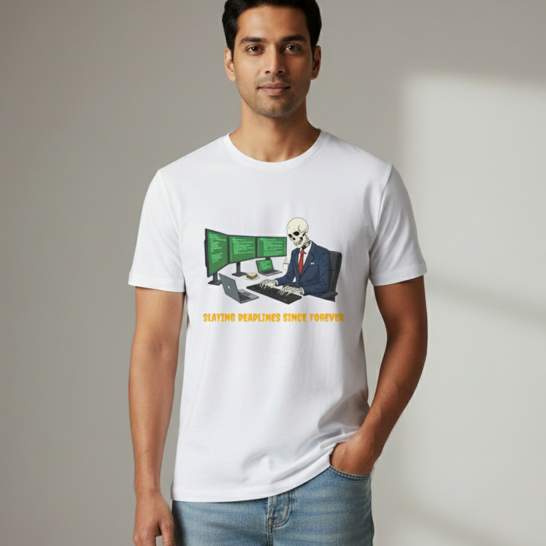 Slaying Deadlines Since Forever T-Shirt – Funny Corporate Skeleton Tee